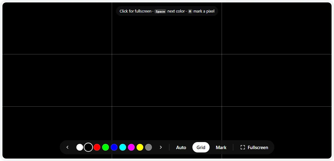 The dead pixel test controls with the inspection grid turned on over a black screen